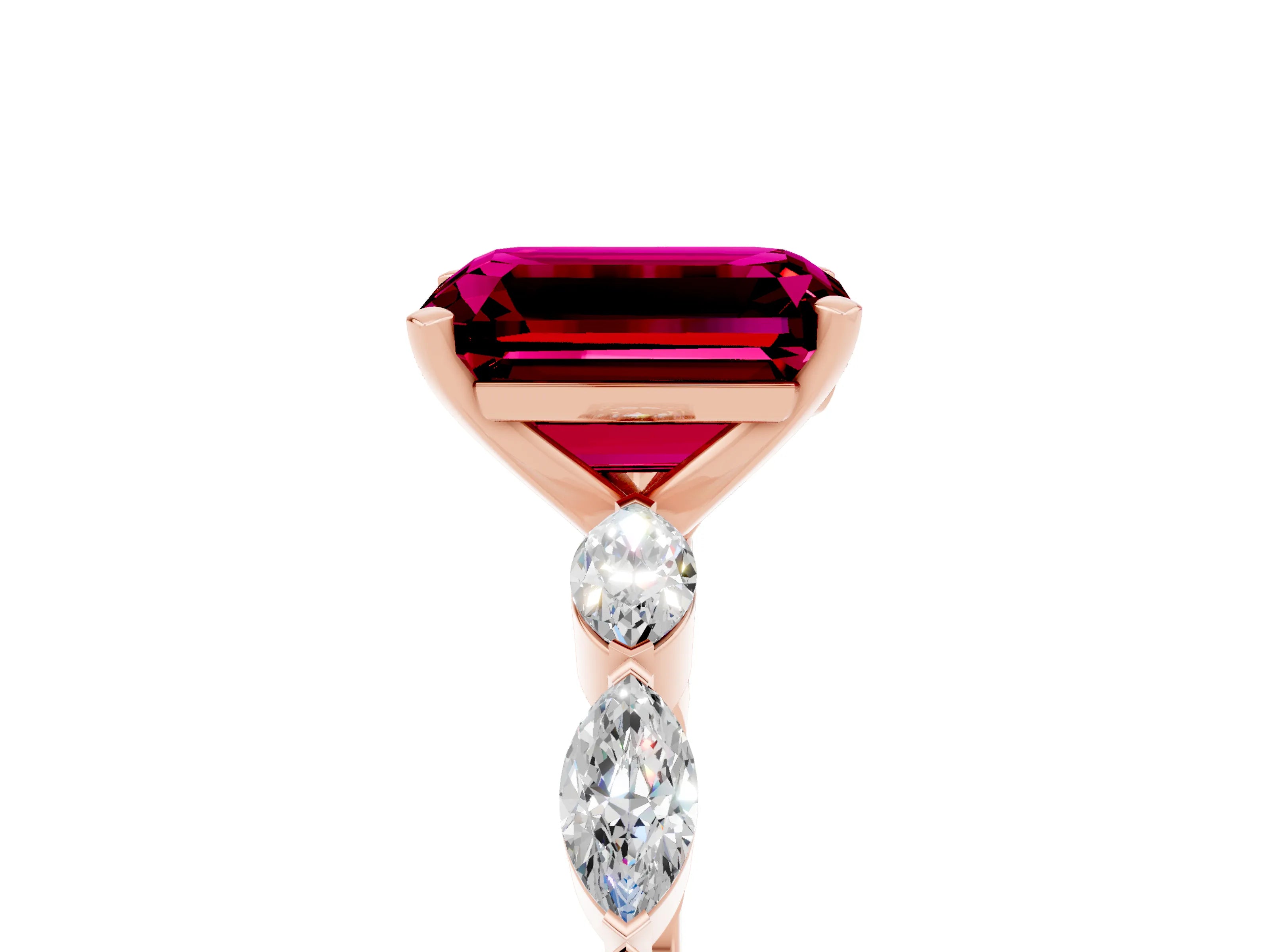 Rose gold Emerald Cut Garnet Ring with Marquise Side Stones and Prong Setting_5