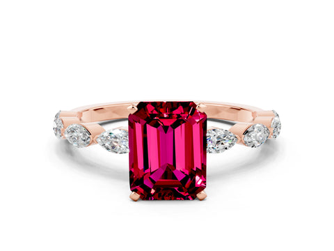 Rose gold Emerald Cut Garnet Ring with Marquise Side Stones and Prong Setting