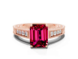 Rose gold Emerald Cut Garnet Ring with Milgrain Pavé Band and Four-Prong Setting_12