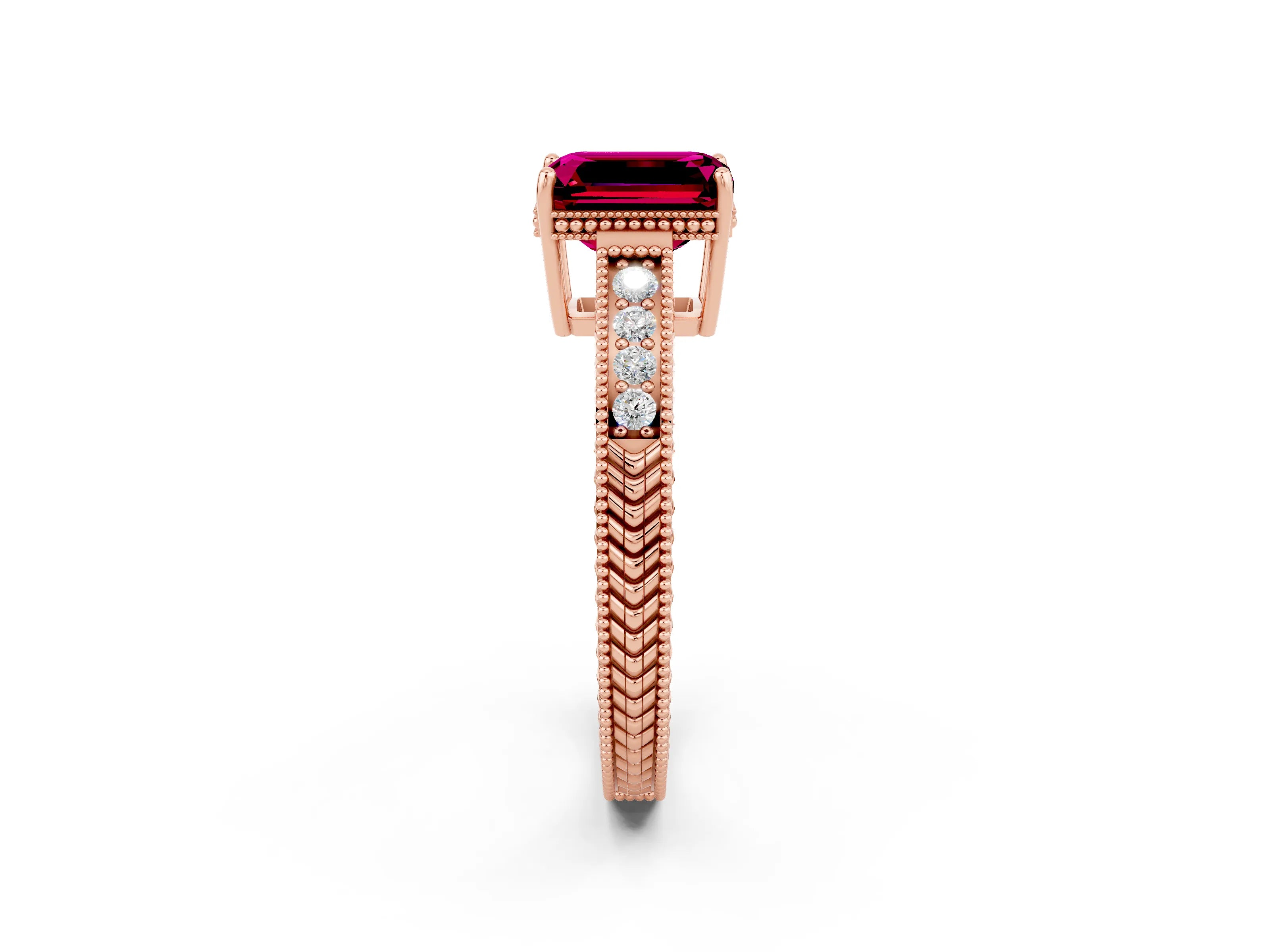 Rose gold Emerald Cut Garnet Ring with Milgrain Pavé Band and Four-Prong Setting_14