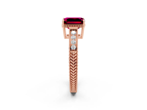 Rose gold Emerald Cut Garnet Ring with Milgrain Pavé Band and Four-Prong Setting