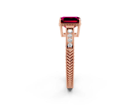 Rose gold Emerald Cut Garnet Ring with Milgrain Pavé Band and Four-Prong Setting_14