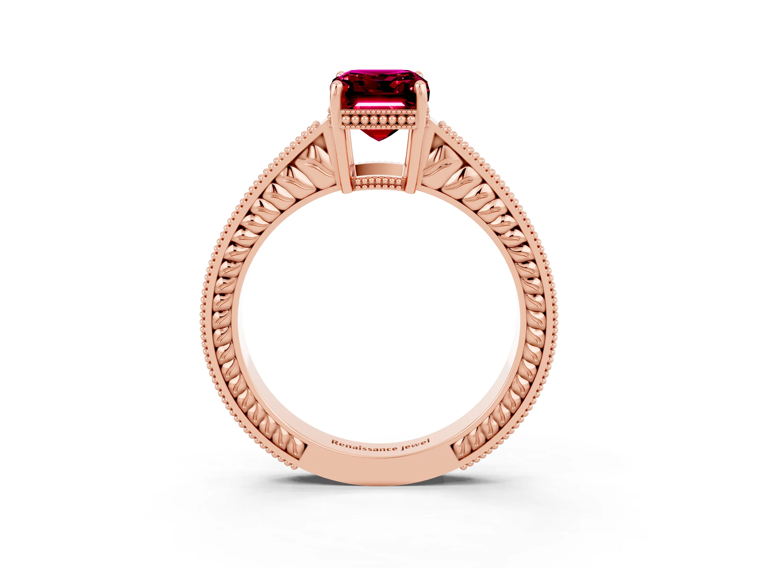Rose gold Emerald Cut Garnet Ring with Milgrain Pavé Band and Four-Prong Setting_15