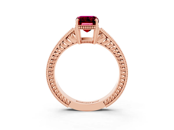 Rose gold Emerald Cut Garnet Ring with Milgrain Pavé Band and Four-Prong Setting