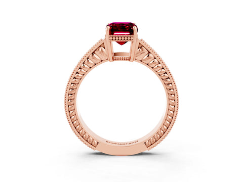 Rose gold Emerald Cut Garnet Ring with Milgrain Pavé Band and Four-Prong Setting_15