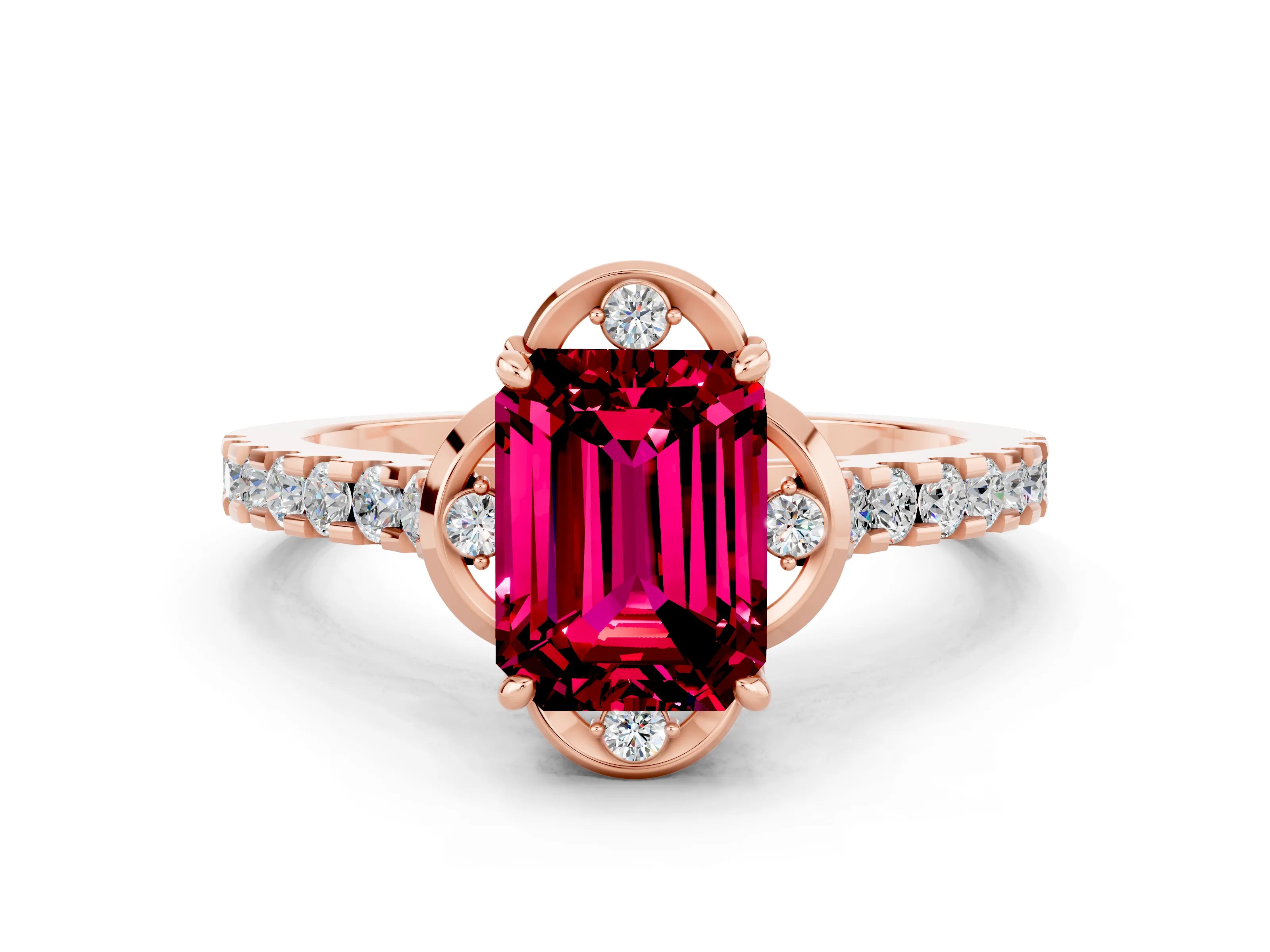 Rose gold Emerald Cut Garnet Ring with Pavé Band and Floral Prong Setting