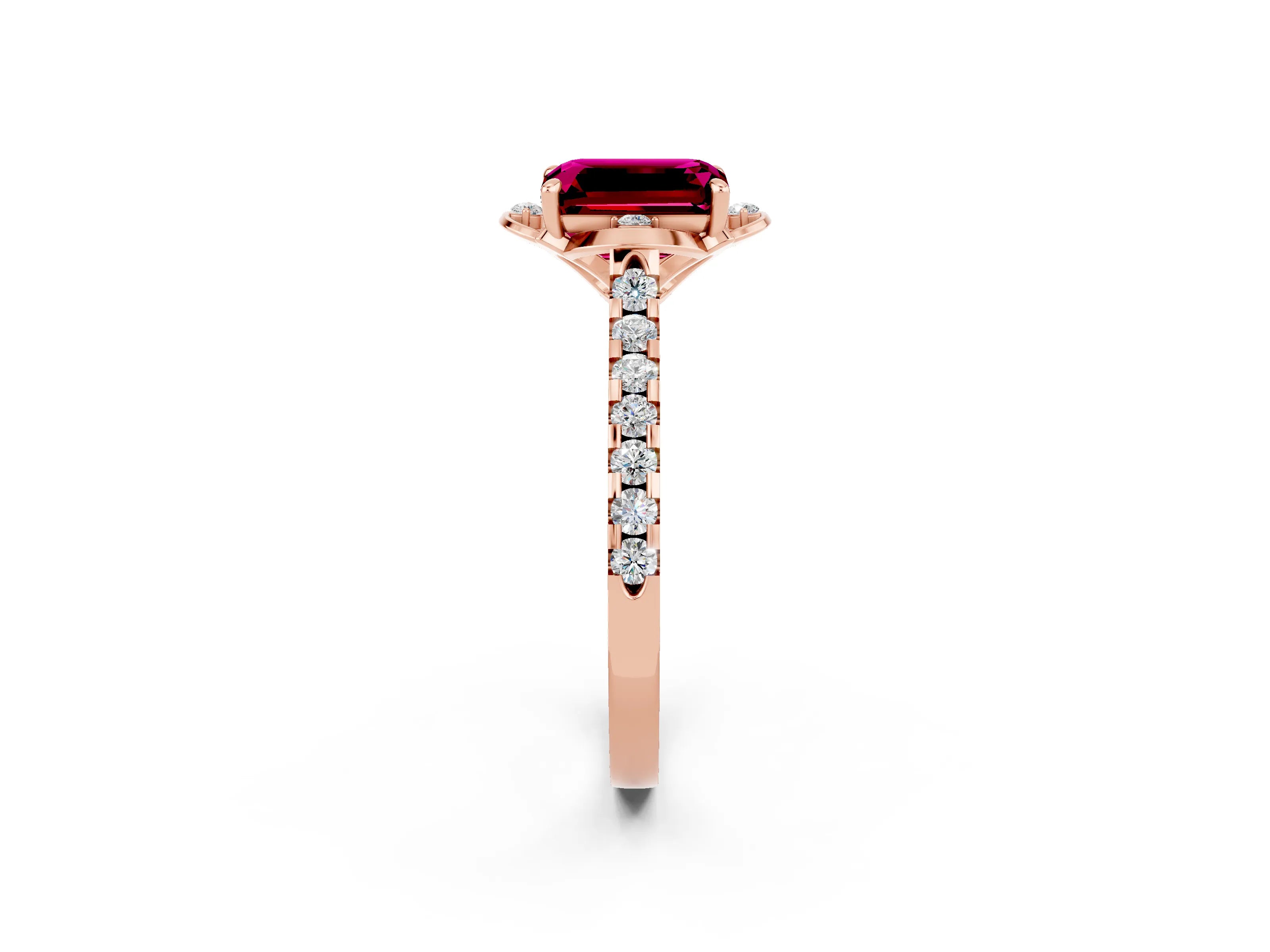 Rose gold Emerald Cut Garnet Ring with Pavé Band and Floral Prong Setting_2