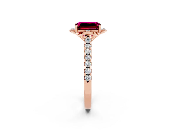 Rose gold Emerald Cut Garnet Ring with Pavé Band and Floral Prong Setting