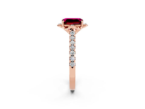 Rose gold Emerald Cut Garnet Ring with Pavé Band and Floral Prong Setting_2