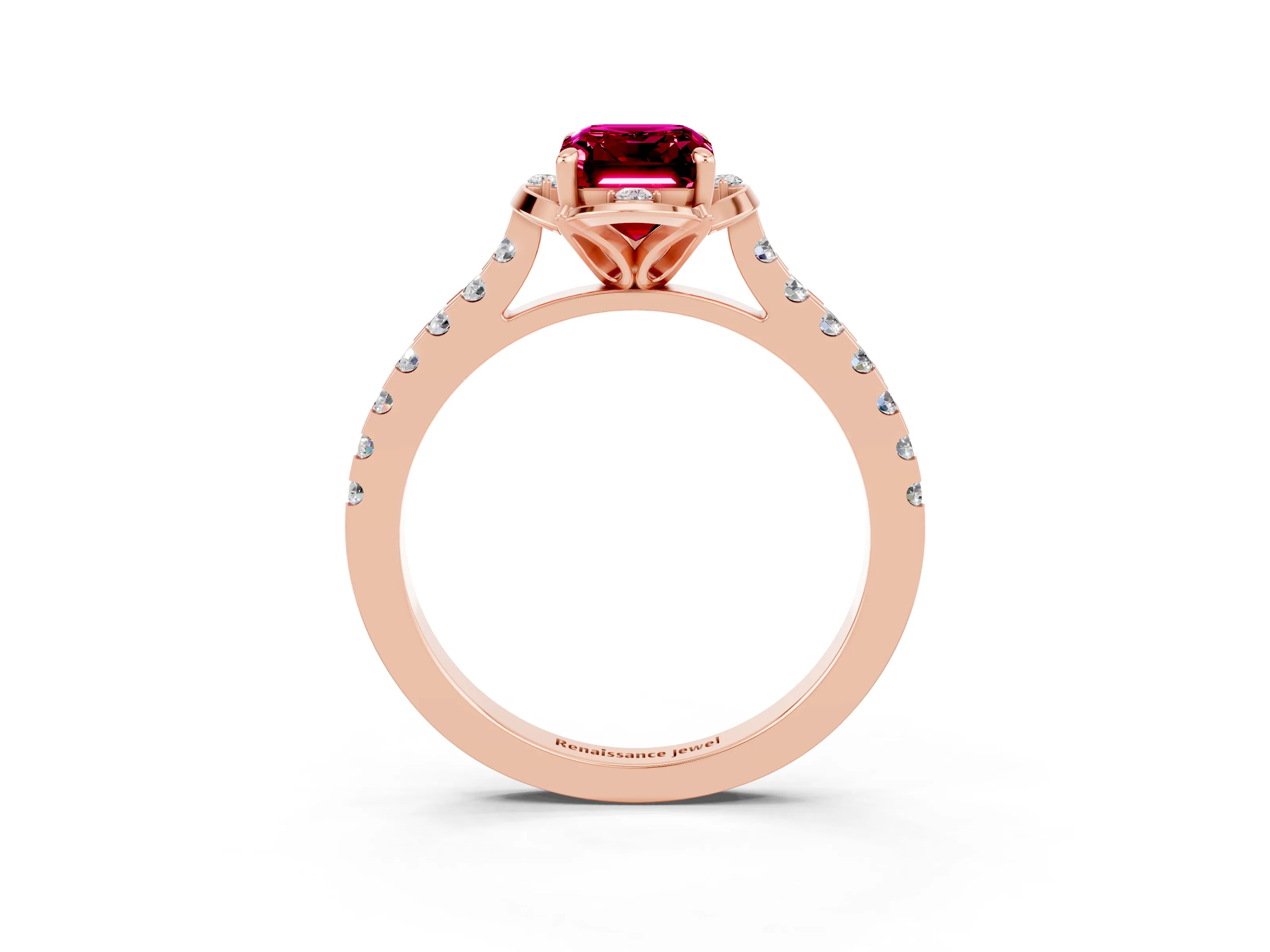 Rose gold Emerald Cut Garnet Ring with Pavé Band and Floral Prong Setting_3