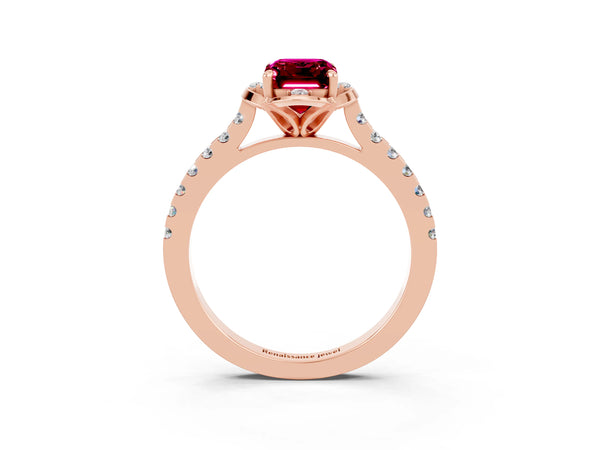 Rose gold Emerald Cut Garnet Ring with Pavé Band and Floral Prong Setting