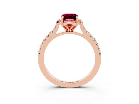 Rose gold Emerald Cut Garnet Ring with Pavé Band and Floral Prong Setting_3