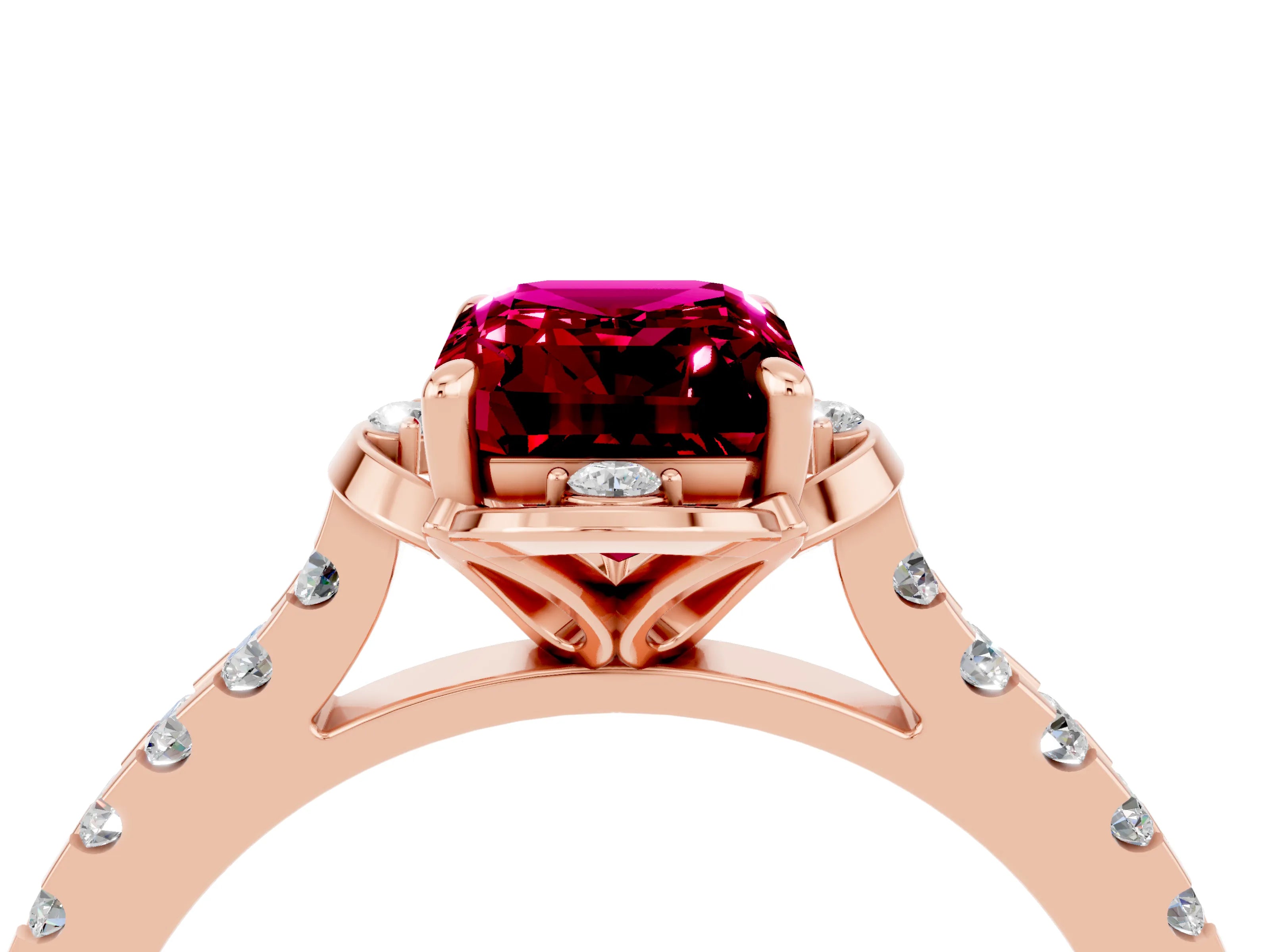 Rose gold Emerald Cut Garnet Ring with Pavé Band and Floral Prong Setting_4