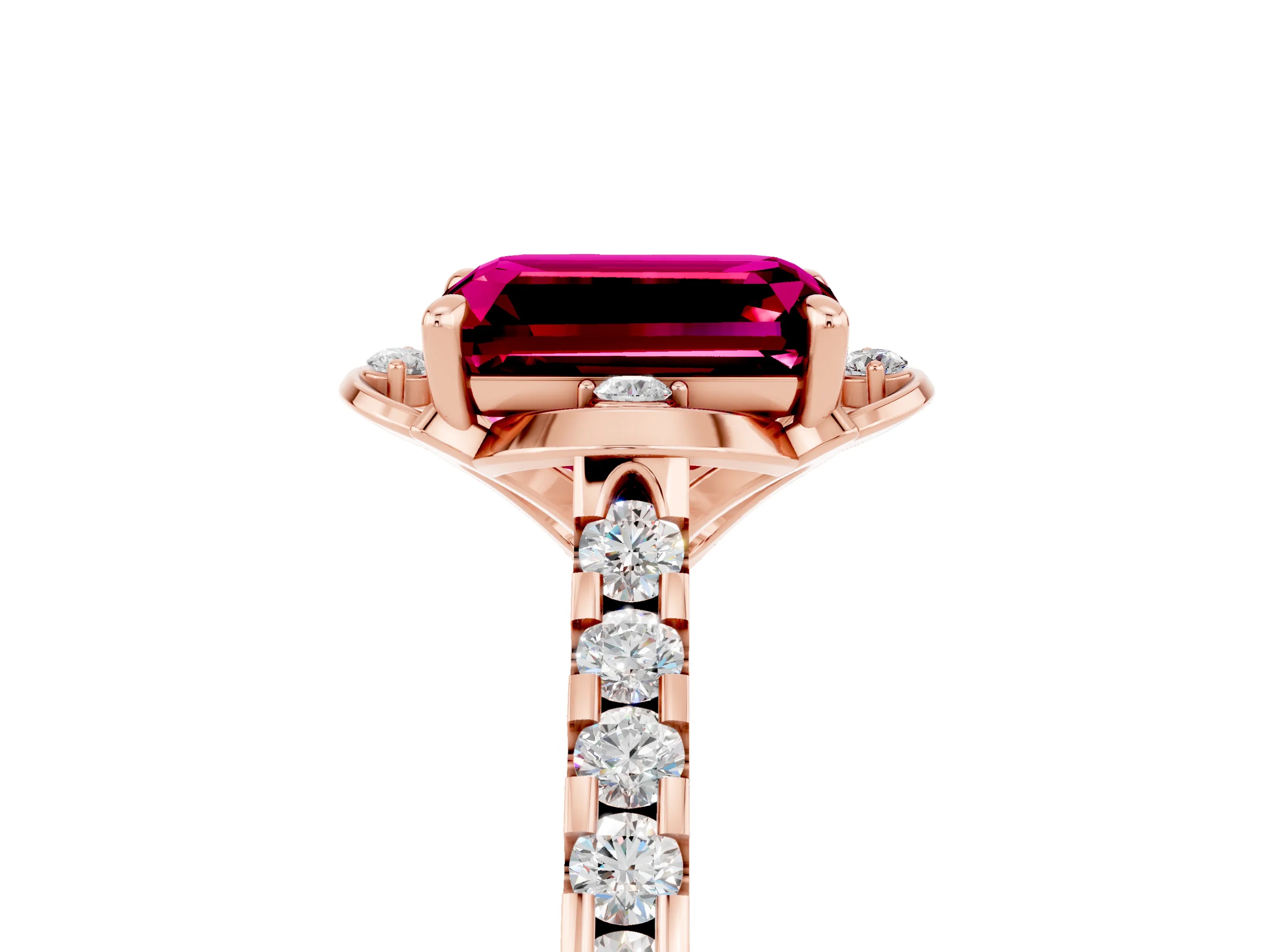 Rose gold Emerald Cut Garnet Ring with Pavé Band and Floral Prong Setting_5