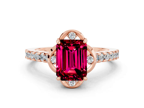 Rose gold Emerald Cut Garnet Ring with Pavé Band and Floral Prong Setting