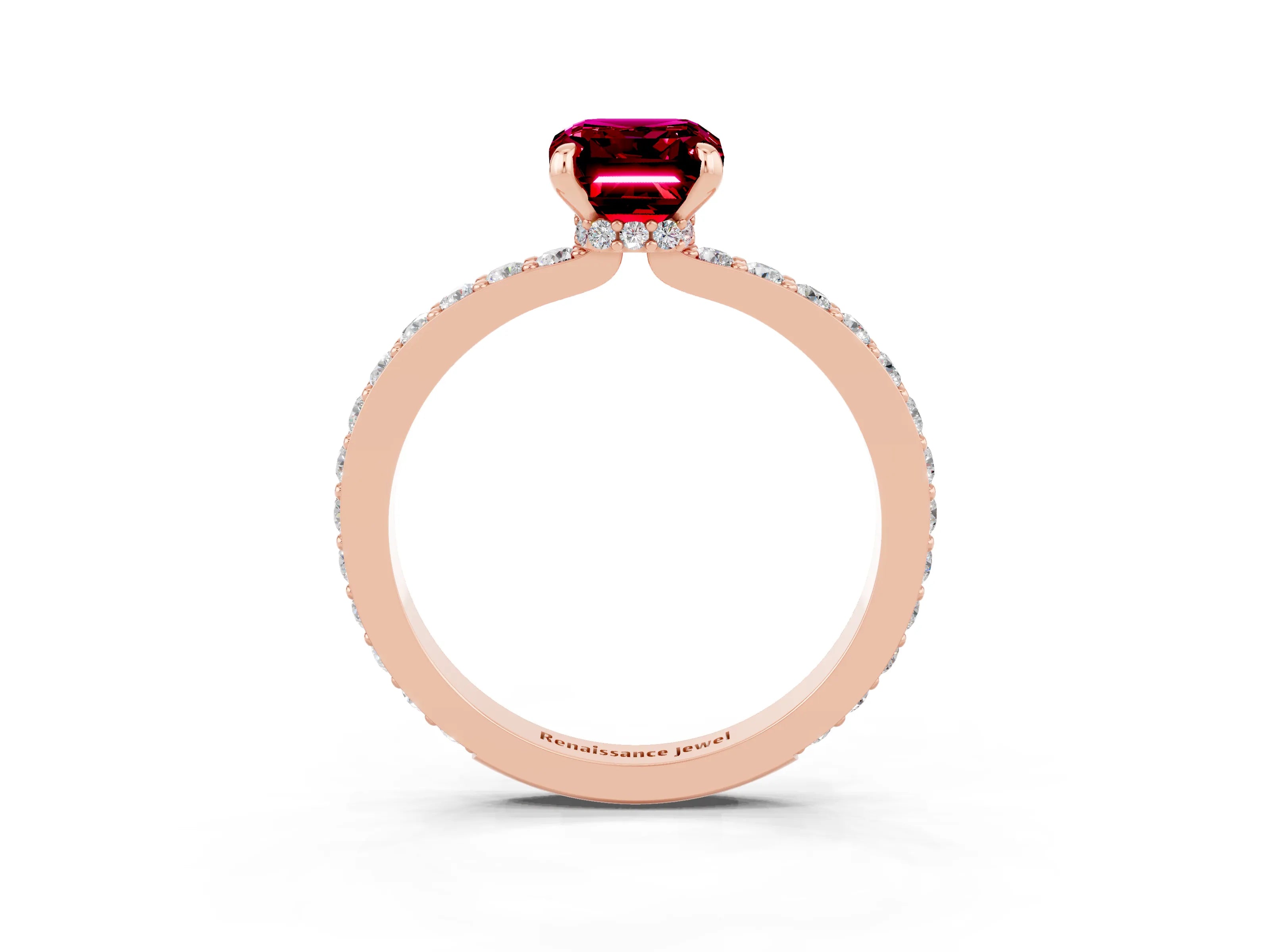 Rose gold Emerald Cut Garnet Ring with Pavé Band and Four-Prong Setting_3