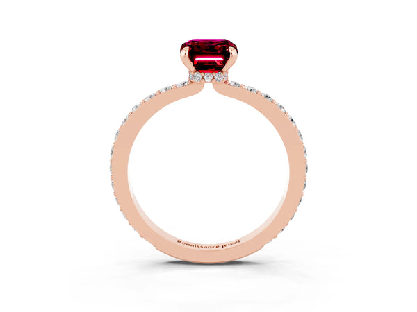 Rose gold Emerald Cut Garnet Pavé Engagement Ring with Round  Accents and Prong Setting