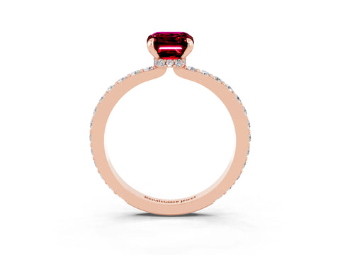 Rose gold Emerald Cut Garnet Ring with Pavé Band and Four-Prong Setting_3