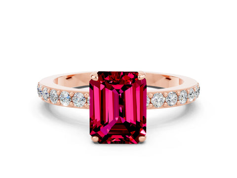 Rose gold Emerald Cut Garnet Ring with Pavé Band and Four-Prong Setting