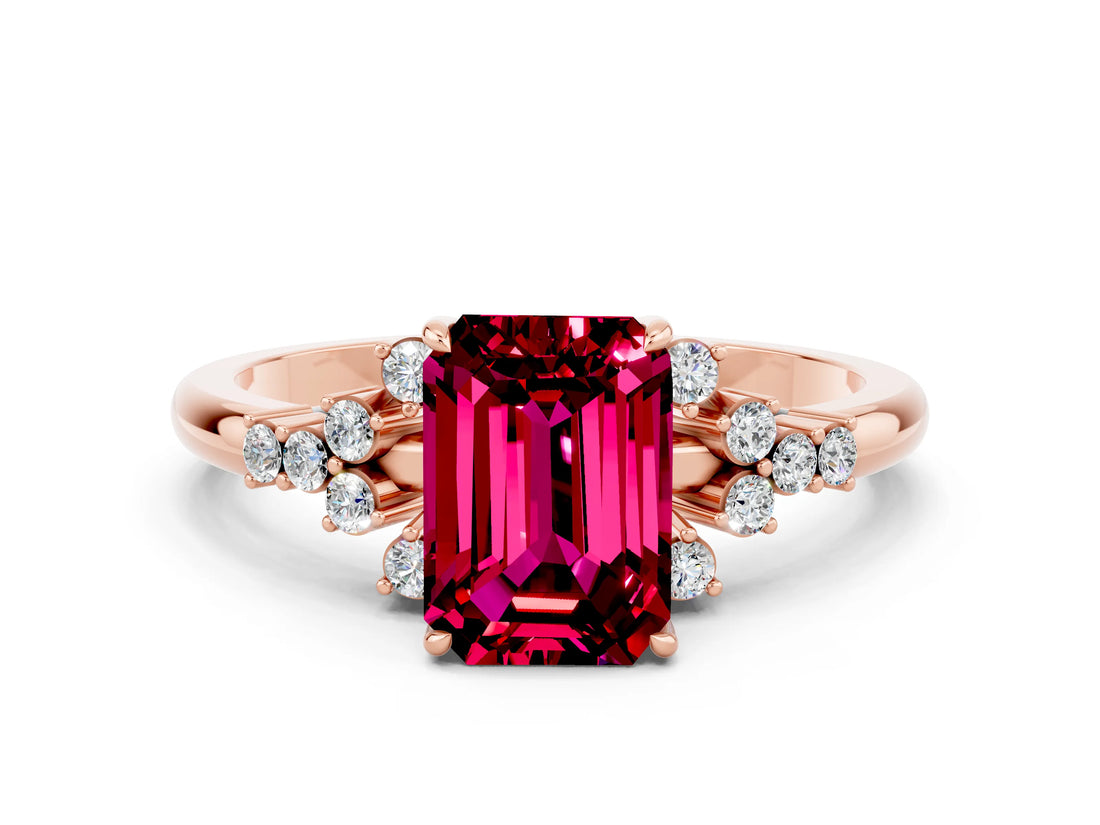 Rose gold Emerald Cut Garnet Ring with Side Stones and Four-Prong Setting_36