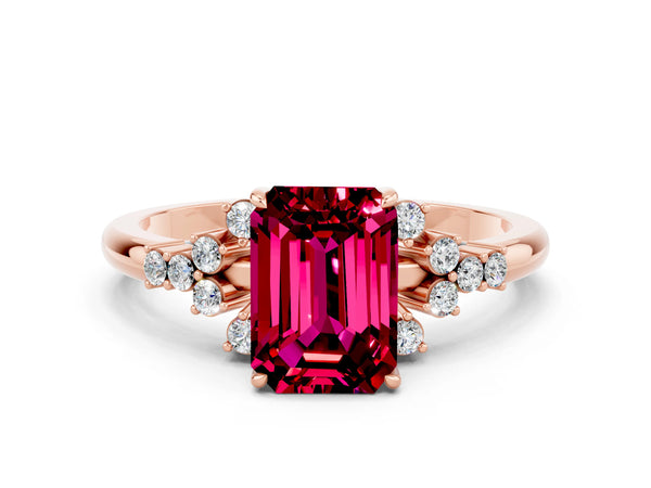 Rose gold Emerald Cut Garnet Ring with Side Stones and Four-Prong Setting