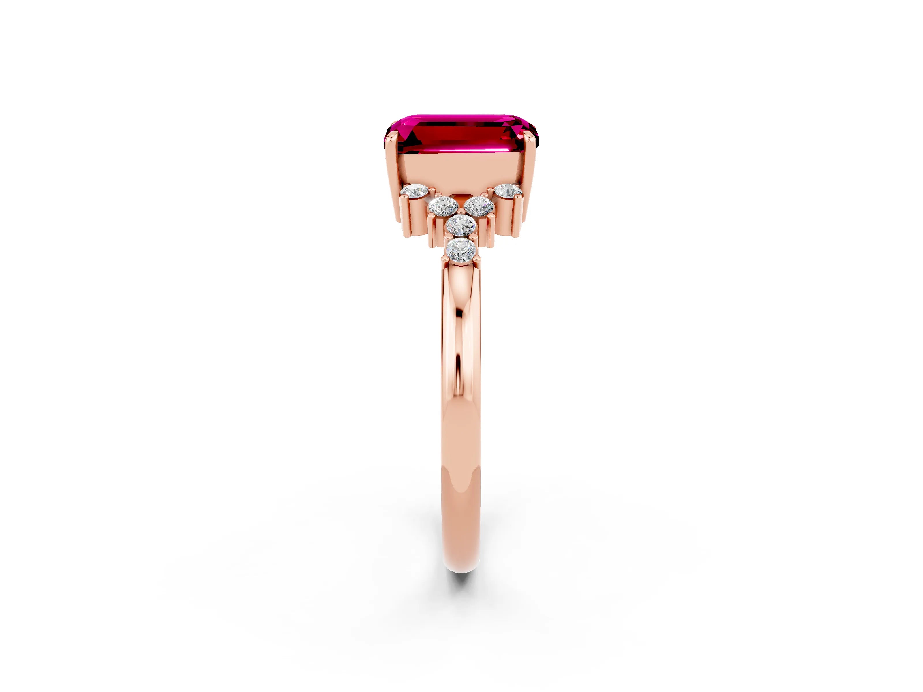 Rose gold Emerald Cut Garnet Ring with Side Stones and Four-Prong Setting_38