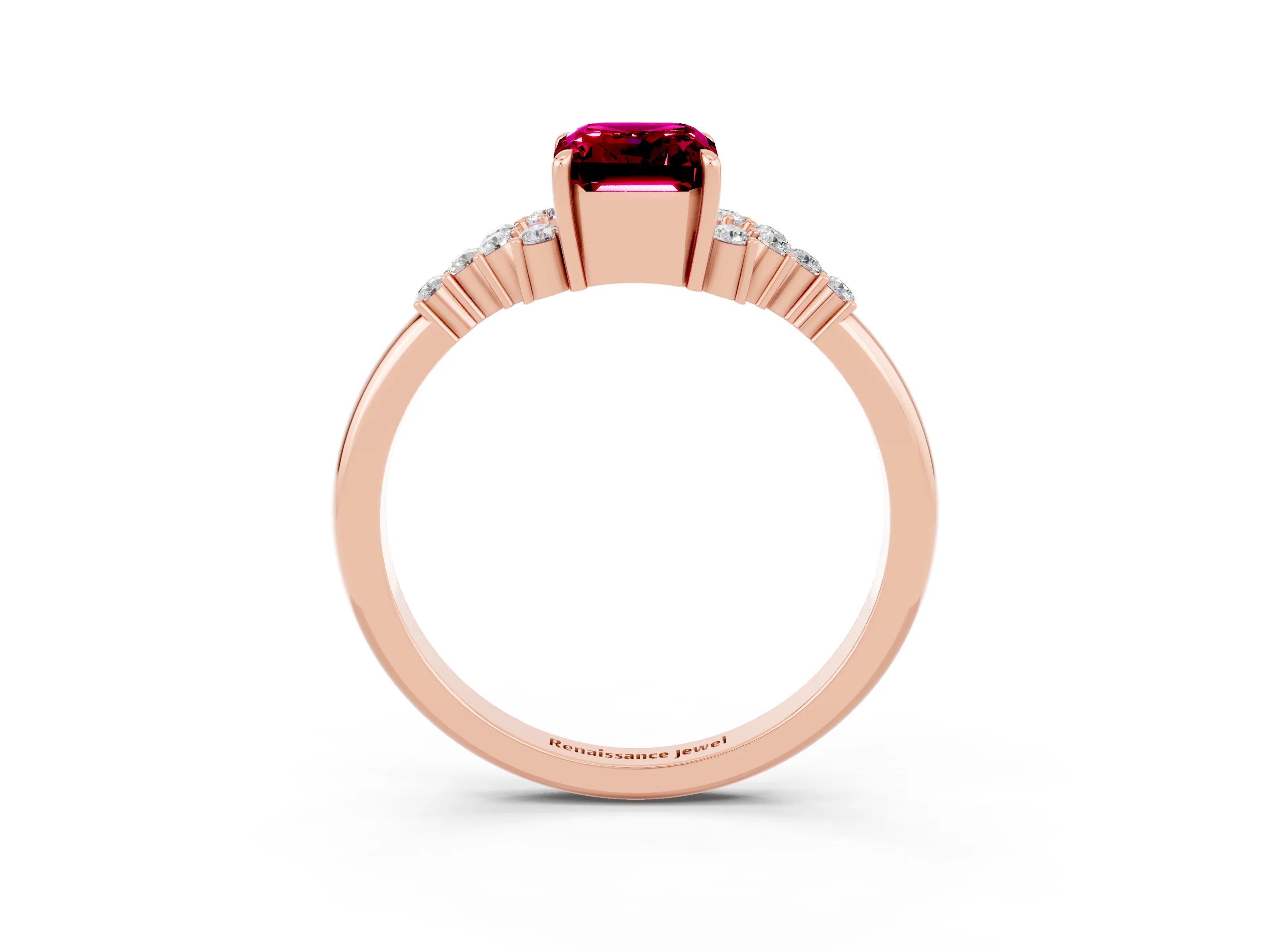 Rose gold Emerald Cut Garnet Ring with Side Stones and Four-Prong Setting_39
