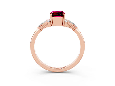 Rose gold Emerald Cut Garnet Ring with Side Stones and Four-Prong Setting_39