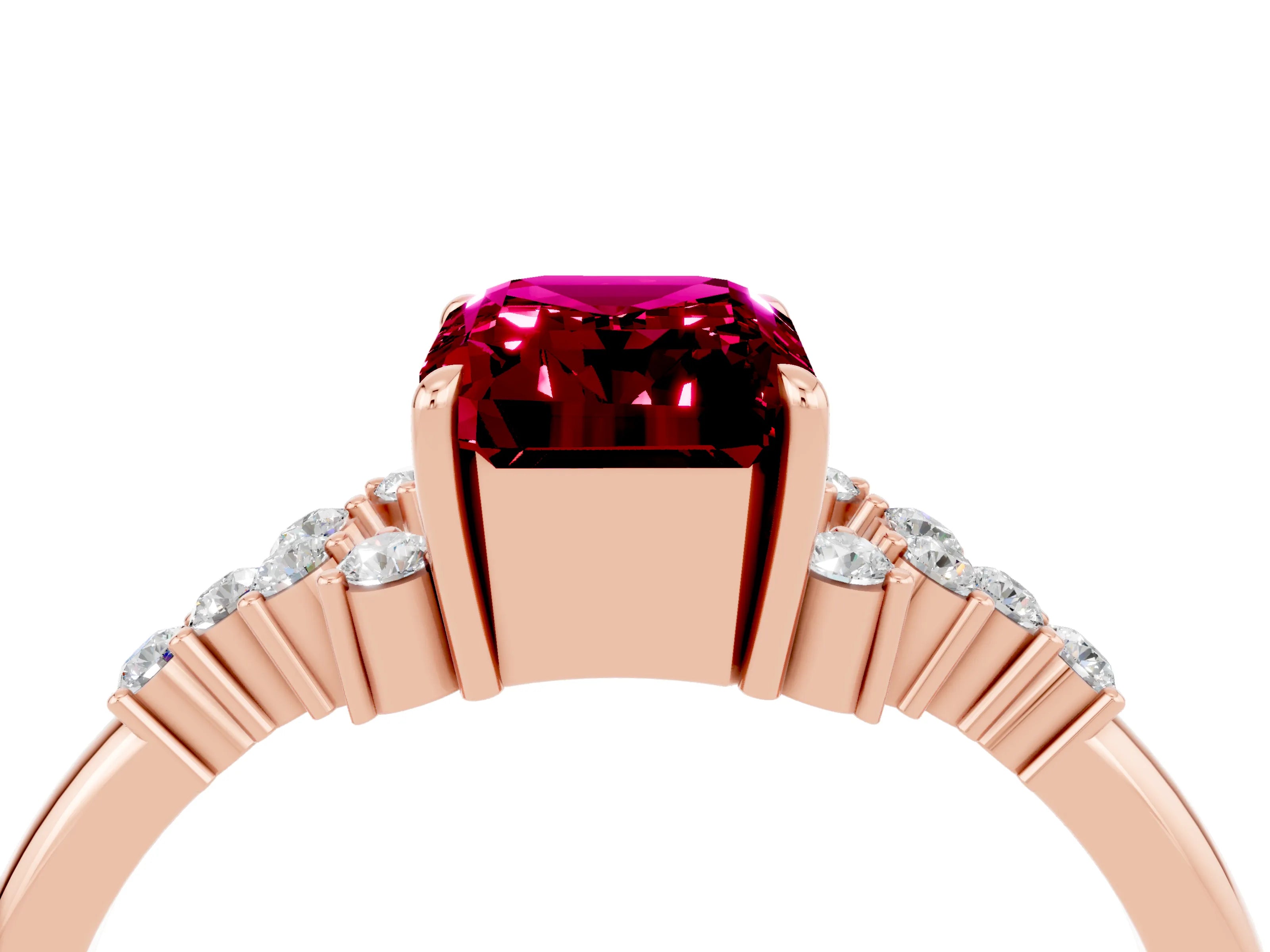 Rose gold Emerald Cut Garnet Ring with Side Stones and Four-Prong Setting_40