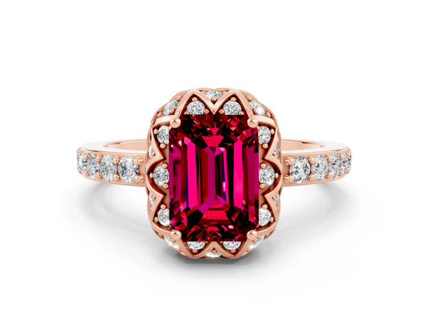 Rose gold Emerald Cut Garnet Scalloped Halo Engagement Ring with Round Shared Prong Band