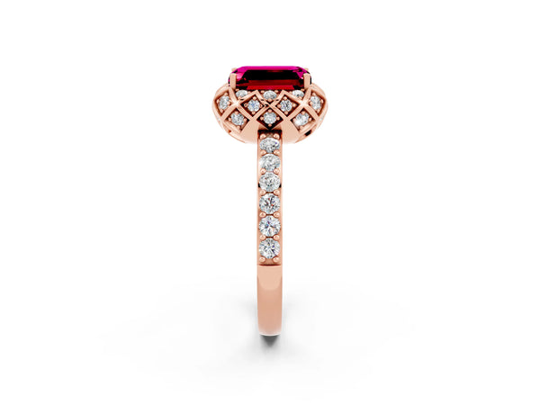 Rose gold Emerald Cut Garnet Scalloped Halo Engagement Ring with Round Shared Prong Band