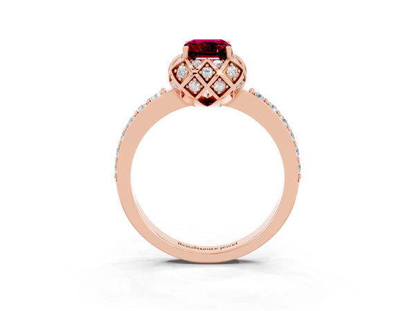 Rose gold Emerald Cut Garnet Scalloped Halo Engagement Ring with Round Shared Prong Band
