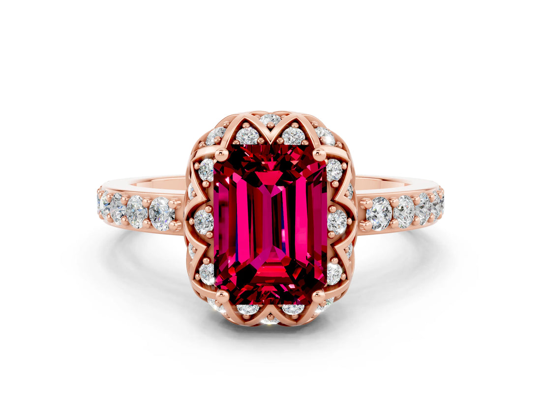 Rose gold Emerald Cut Garnet Scalloped Halo Engagement Ring with Round Shared Prong Band_24