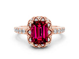 Rose gold Emerald Cut Garnet Scalloped Halo Engagement Ring with Round Shared Prong Band_24