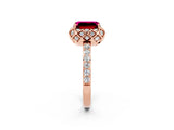 Rose gold Emerald Cut Garnet Scalloped Halo Engagement Ring with Round Shared Prong Band_26
