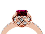 Rose gold Emerald Cut Garnet Scalloped Halo Engagement Ring with Round Shared Prong Band_28