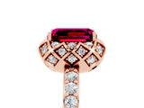 Rose gold Emerald Cut Garnet Scalloped Halo Engagement Ring with Round Shared Prong Band_29