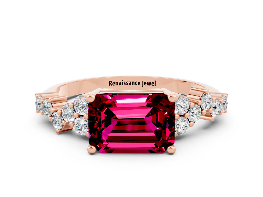 Rose gold Emerald Cut Garnet Scattered Round Accent Ring with Prong Setting_12