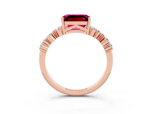 Rose gold Emerald Cut Garnet Scattered Round Accent Ring with Prong Setting