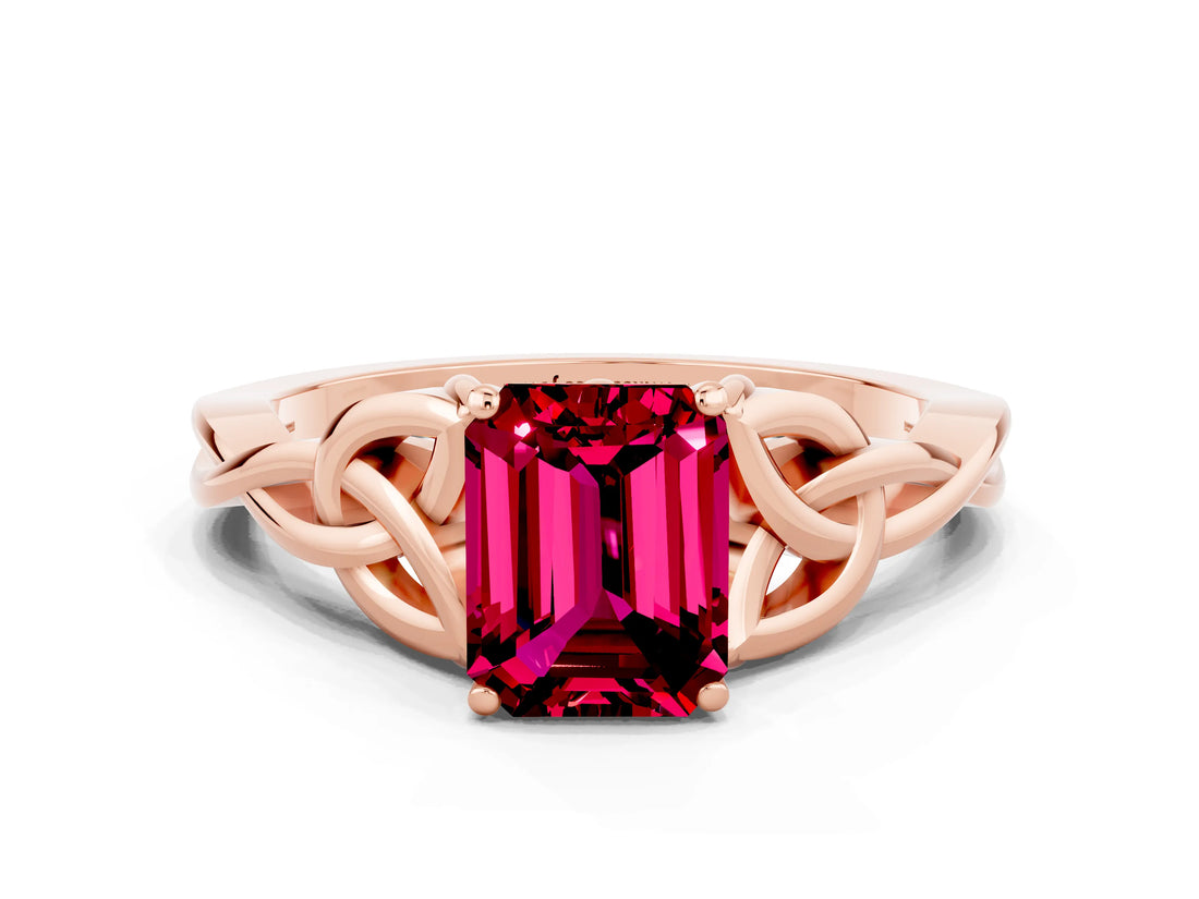 Rose gold Emerald Cut Garnet Solitaire Celtic Knot Ring with Four-Prong Setting_12