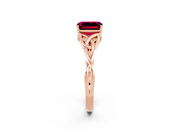 Rose gold Emerald Cut Garnet Solitaire Celtic Knot Ring with Four-Prong Setting