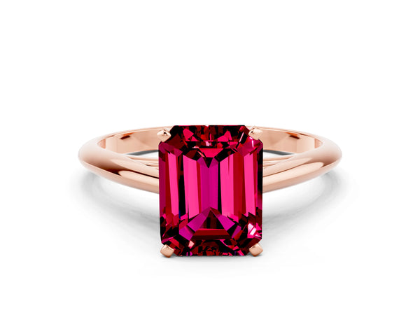 Rose gold Emerald Cut Garnet Solitaire Engagement Ring with Cathedral Setting and Four-Prong Mount