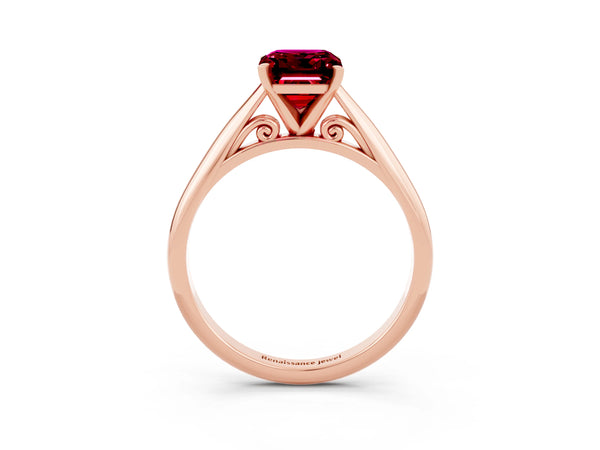 Rose gold Emerald Cut Garnet Solitaire Engagement Ring with Cathedral Setting and Four-Prong Mount