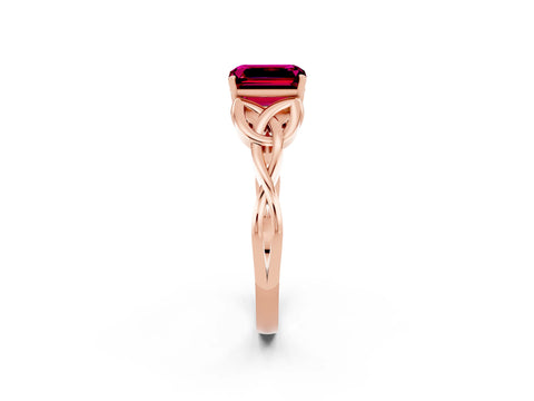 Rose gold Emerald Cut Garnet Solitaire Engagement Ring with Celtic Knot Band and Four-Prong Setting_2