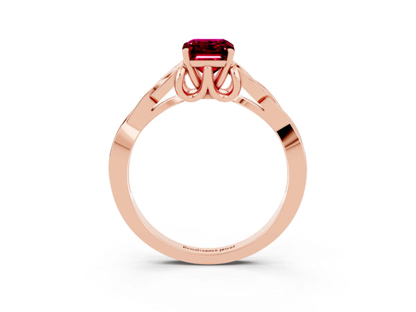 Rose gold Emerald Cut Garnet Solitaire Engagement Ring with Celtic Knot Band and Four-Prong Setting