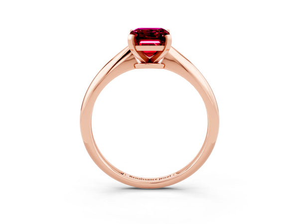 Rose gold Emerald Cut Garnet Solitaire Engagement Ring with Classic Band and Four-Prong Setting