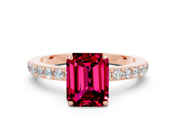 Rose gold Emerald Cut Garnet Solitaire Engagement Ring with Pavé Band and Four-Prong Setting