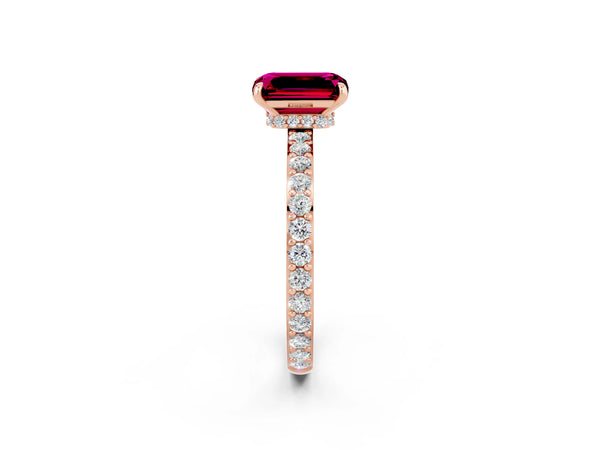 Rose gold Emerald Cut Garnet Solitaire Engagement Ring with Pavé Band and Four-Prong Setting