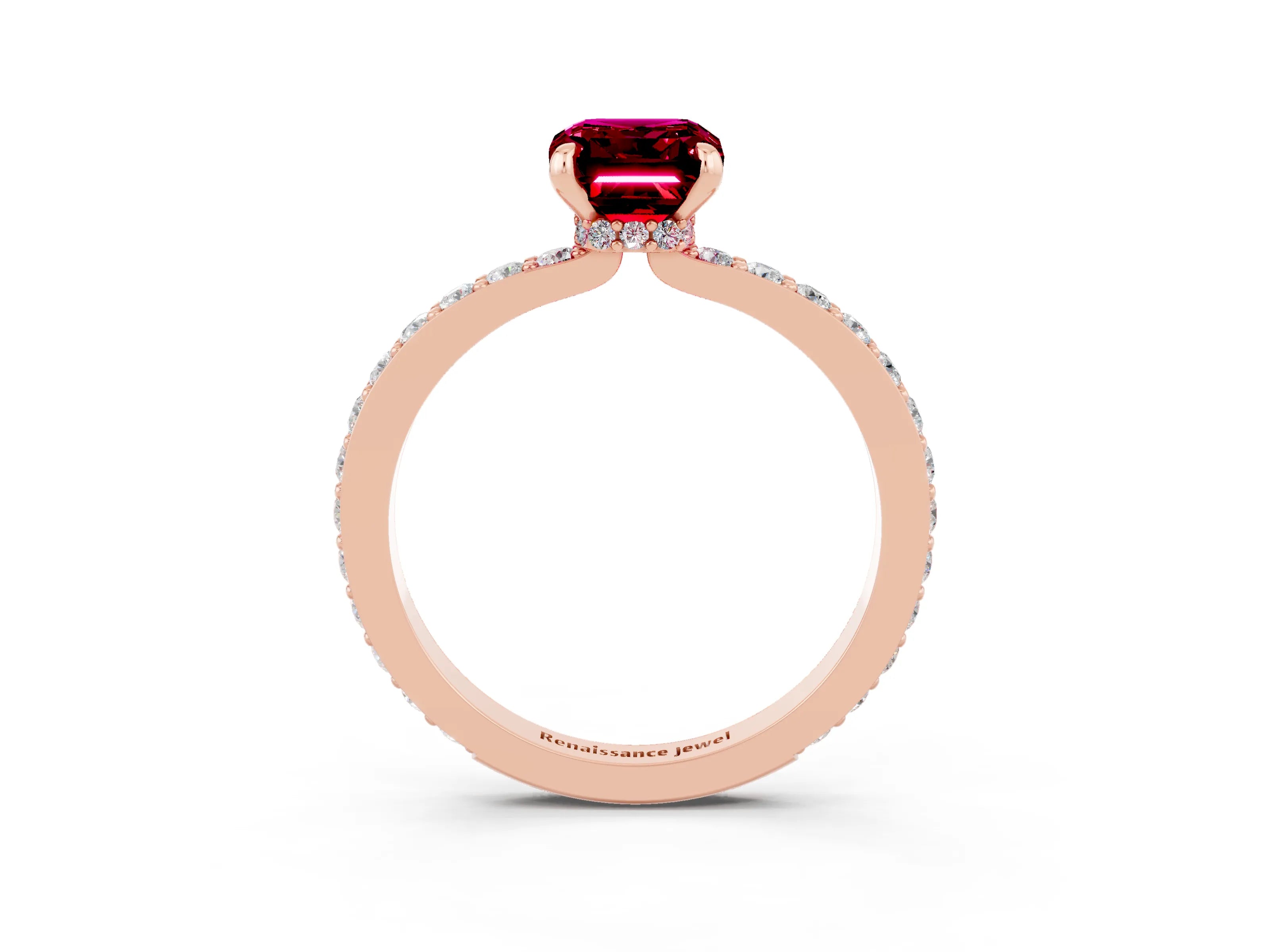 Rose gold Emerald Cut Garnet Solitaire Engagement Ring with Pavé Band and Four-Prong Setting_3