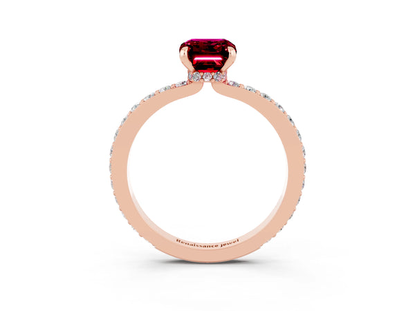 Rose gold Emerald Cut Garnet Solitaire Engagement Ring with Pavé Band and Four-Prong Setting
